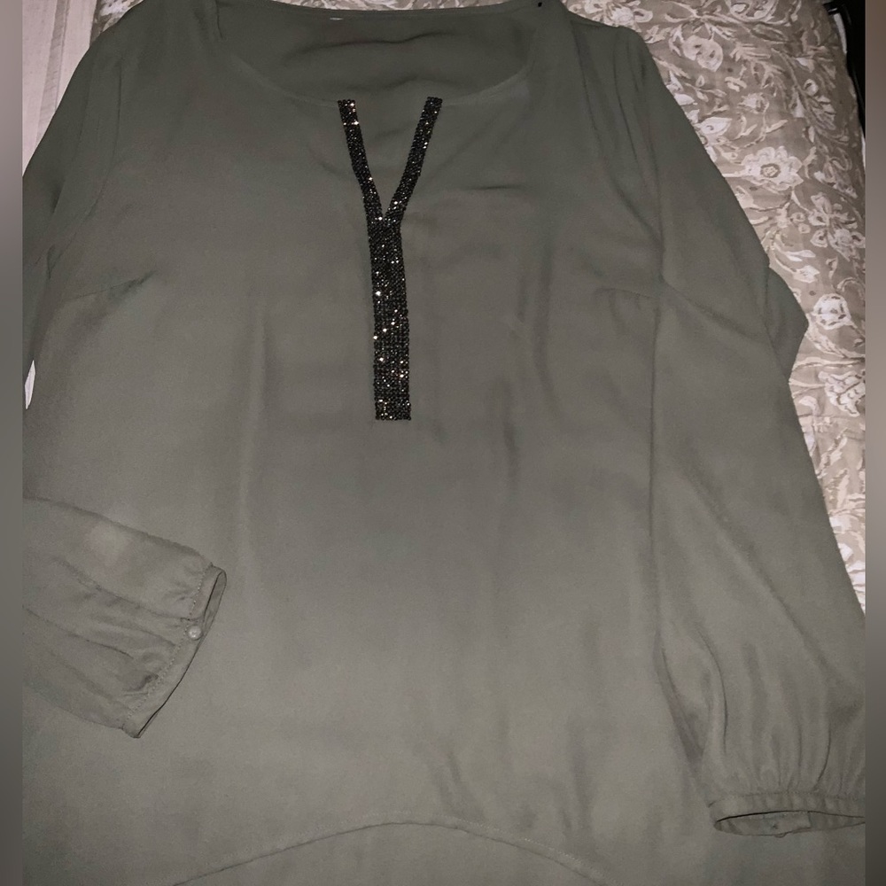 Juicy Couture ~ curved hem ~ Olive green blouse with bling v-neck ( worn once ) - Picture 2 of 14